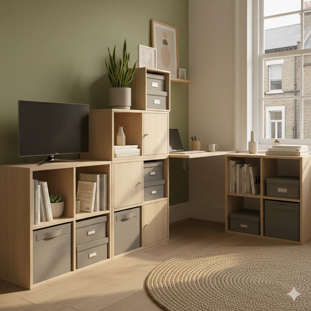 Wall-mounted floating shelves in small apartment